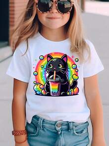 Camiseta de Manga Corta para Niñas con Elementoíris y Estampado de Gatito , Top Casual Versátil DX5043Daily Casual Round Neck Short Sleeve-Shirt Women - Blanco - Ver 1