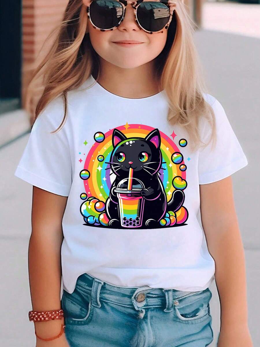 Camiseta de Manga Corta para Niñas con Elementoíris y Estampado de Gatito , Top Casual Versátil DX5043Daily Casual Round Neck Short Sleeve-Shirt Women - Blanco - Ver 1