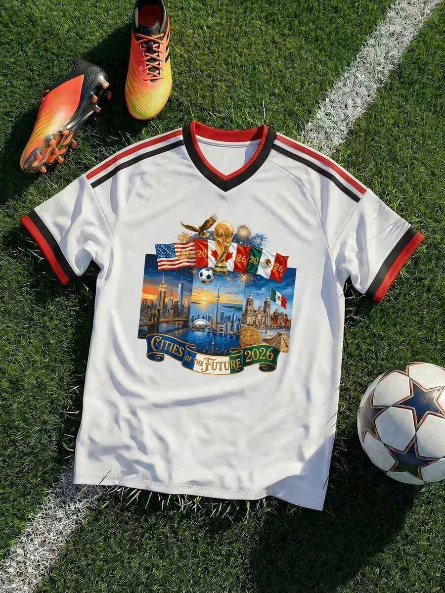 Camiseta de Fútbol Retro con Gráficos de las Ciudades del Futuro de Norteamérica para la Copa Mundial 2026 para Hombre, Camiseta Deportiva Casual de Manga Corta con Cuello en V, Ropa Urbana para Fanáticos del Fútbol para el Día del Partido, Uso Diario, Regalo para Él - Negro - Ver 1