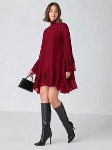 Vestido línea A de unicolor elegante con mangas volantes para mujeres - Burdeos - Ver 5