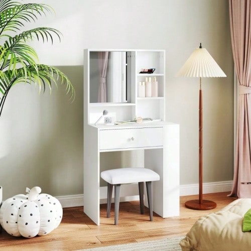 Dressing Table With Mirror, Drawer, 3-Tier Side Shelf, Chipboard, White