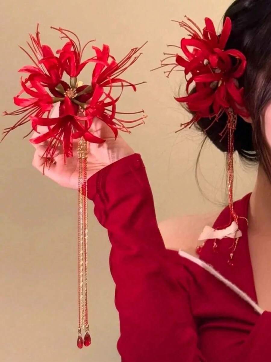 1个复古宫廷风宇宙花朵长流苏发夹,适合女性日常佩戴、约会、派对,是送给亲朋好友的理想礼物,夏季配饰,海滩必备,女士配饰 - 紅色 - 查看 1