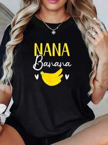 Women's 100% Cotton Summer T-Shirt With Round Neck And Short Sleeve Print, NanaBanana, Casual Banana Print T-Shirt For Women, Round Neck, Color Blocks, Regular Fit, All Seasons Wear, Loose Fit, Versatile, Slimming, Modern, Popular, Niche Design, 100% Cotton T-Shirt. - 黑色 4 - 查看 6