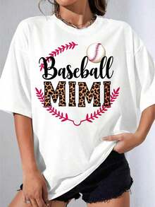 Girls' Black And White T-Shirt, Mimi Baseball T-Shirt With White Leopard Print And Baseball Design For Casual Wear And Sporting Events, Outdoor Parties, Casual Printed T-Shirt - 白色 - 查看 2
