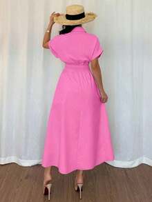 Vestido camisero casual de mujer con botones delanteros, mangas raglán y cintura ajustada - Rosa Fucsia - Ver 2