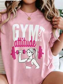 Women's T-Shirt With Gym Print | Slogan: GYM Attitude With Girl Lifting Weights, White And Pink Colors, Background, Durable Printing Process, Fitness Style - 黑色 - 查看 8