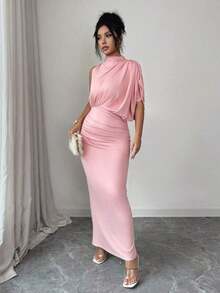 Vestido ajustado y acampanado sin mangas con cuello fruncido en color borgoña, para primavera/verano - Rosa - Ver 5