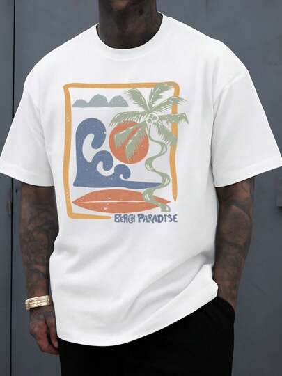 Men Plus Size Men Graphic White Short Summer T-Shirt Featuring A Beach Paradise Surf Design Vintage-Inspired With A Comfortable Fit Crew Neck And Regular Sleeves Ideal For Casual Daily Wear And Weekends 230g Big Size L-3XL 4XL 5XL