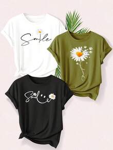 Unique Garment, Smile Letter Small Flower Series, Family Clothing, Matching Series For Sisters, Women's Summer Casual Sports Style Top, Retro Print Style, Short Sleeve Round Neck T-Shirt, Available In Various Colors. - 黑色 - 查看 1