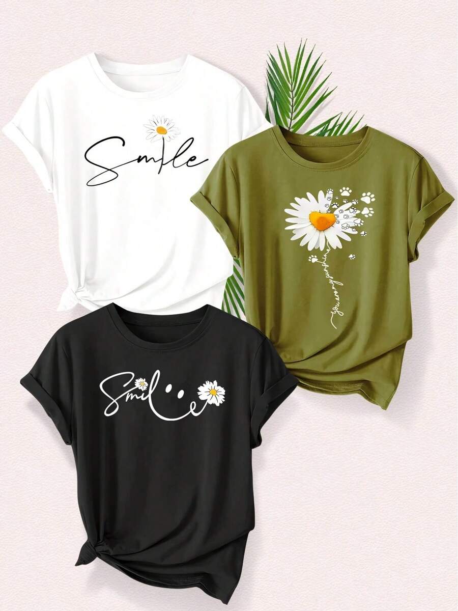 Unique Garment, Smile Letter Small Flower Series, Family Clothing, Matching Series For Sisters, Women's Summer Casual Sports Style Top, Retro Print Style, Short Sleeve Round Neck T-Shirt, Available In Various Colors. - 黑色 - 查看 1