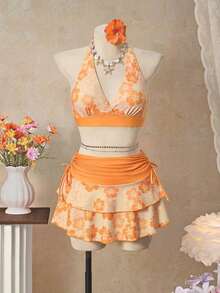 Bellisia Conjunto de 3 piezas con top de bikini triangular con cuello de halter naranja y falda a juego, para playa/resort - Multicolor 5 - Ver 4