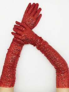 1 Pair Sexy Sequin Long Gloves, Cosplay Tight Fit Pole Dance Performance Gloves - Red - View 4