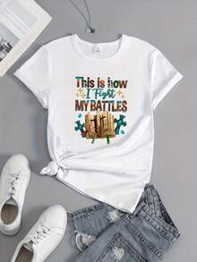 Battles Fashion Women's Colorful English Letter Print Crew Neck T-Shirt, Spring/Summer Casual Short Sleeve Top, Versatile Basic Clothing For Women. - 白色 - 查看 12