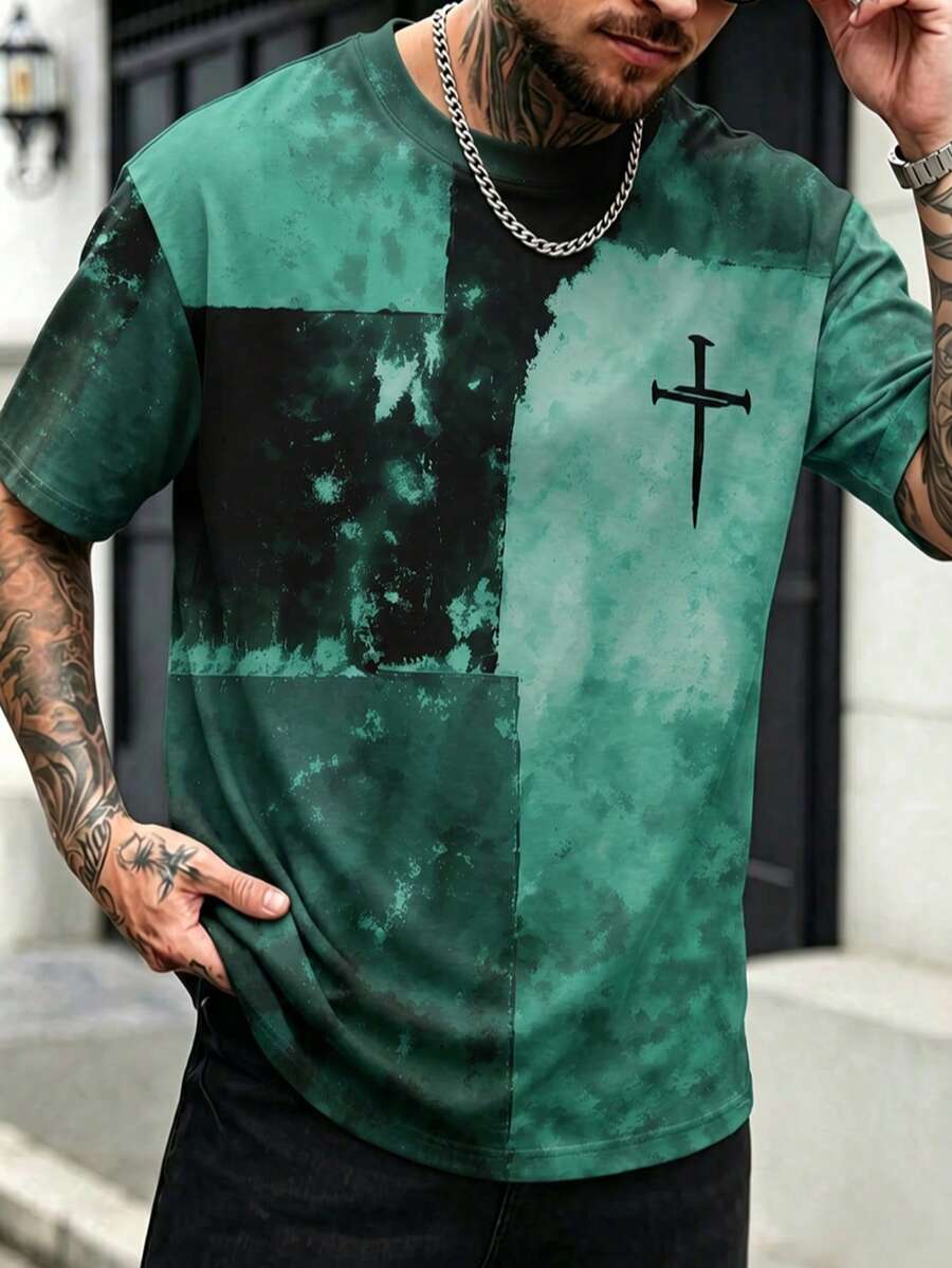 Kaos Pria Motif Patchwork Retro Baru, Kaos Ringan Kerah Bulat Motif Salib Yesus, Cocok untuk Pemakaian Sehari-hari - Dark Green - View 1