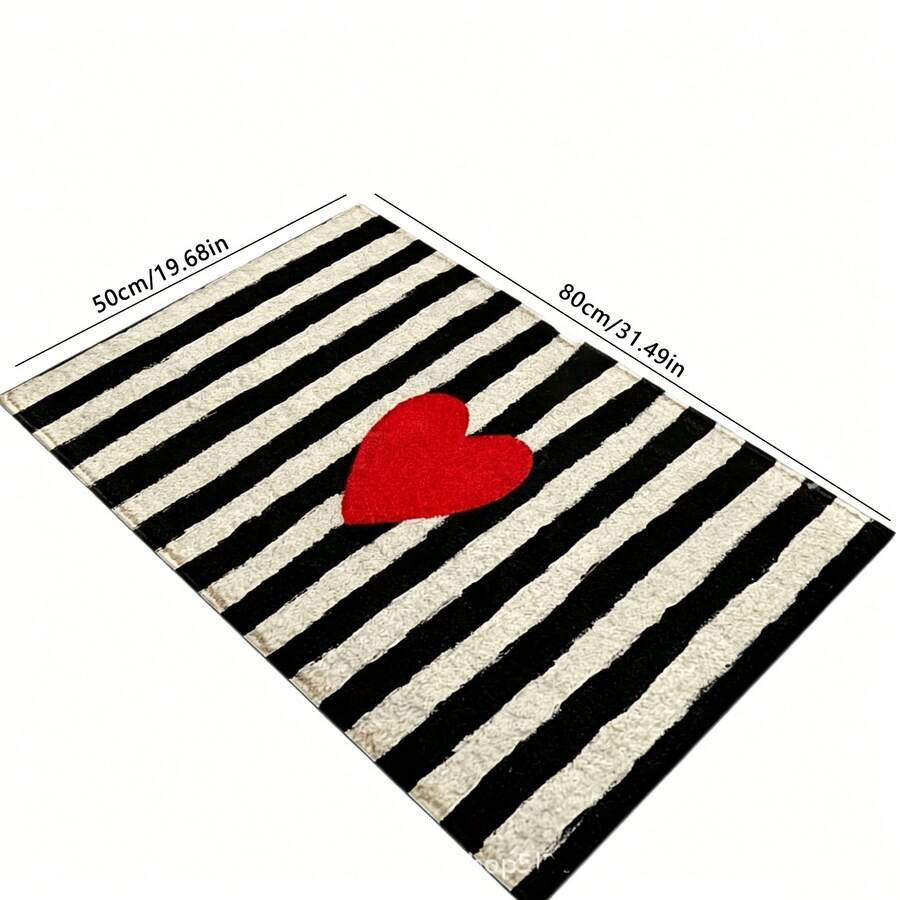 1pc Black And White Striped Heart Design Machine Washable Soft Comfortable Bathroom Mat Entrance Doormat Perfect For Kitchen Bathroom Bedroom And Other Decorative Uses - A - View 1