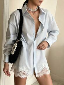 Camisa casual de mujer con rayas y patchwork de encaje, ligera y transpirable, ajuste cómodo, adecuada para vacaciones, citas, uso diario, esencial de verano - Celeste - Ver 6