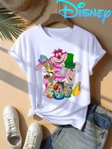 Disney Licensed, Best-Selling Women's Print: Minnie Mouse Head, Diamond Sparkle, Bow, Fashionable And Cute Printed Short-Sleeved Crew Neck T-Shirt. Crew Neck, Casual, Comfortable, Stylish, And Versatile, Suitable For Spring, Summer, And Autumn. Optimistic Design, Elastic Fabric. - trắng - Xem 1