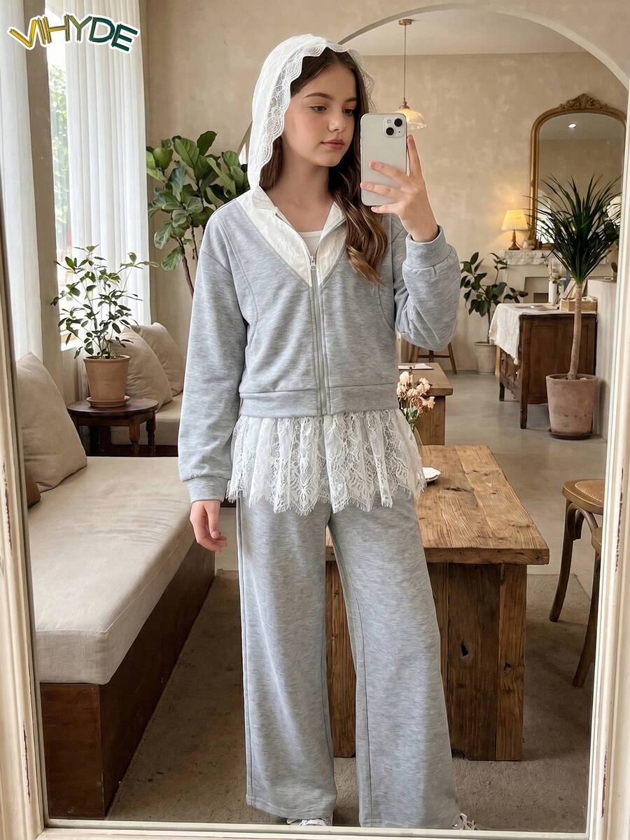Vihyde Tween Girls Ballet Style Zipper Hooded Jacket & Lace Patchwork Wide Leg Pants 2 Pieces Set - Light Grey - View 1