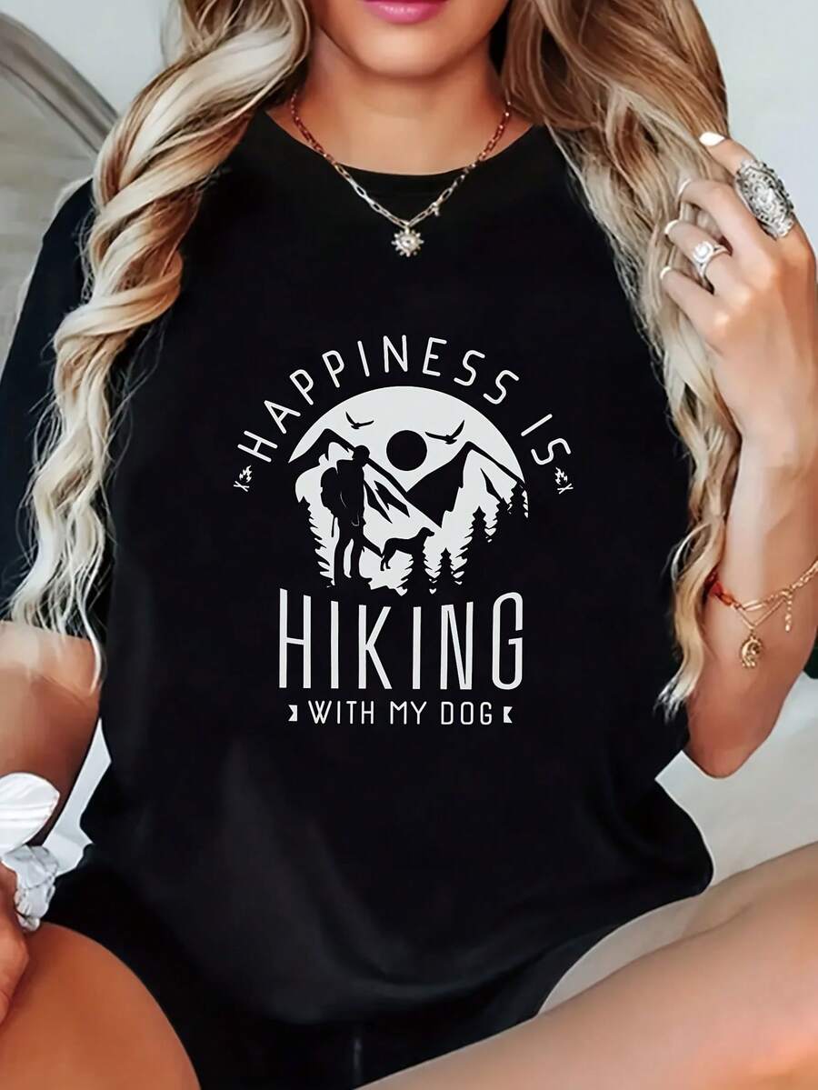 Plus Size Women's T-Shirt With "Enjoying Life With My Dog" Print - Soft And Breathable Black Base With White Mountain Dog Design, Short Sleeve, Casual Round Neck, Ideal For Outdoor Activities In Spring And Summer, Comfortable Clothing For Pet Lovers, Designed Specifically For Dog Enthusiasts. - 黑色 - 查看 1