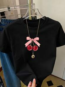 Women's Short Sleeve T-Shirt With Pink Cherry Print And Geometric Pattern Y2K - 黑色 - 查看 5