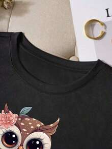 Women's Short Sleeve T-Shirt With Round Neck And Cartoon Owl Print, Graphic Tees For Women - Hitam - View 6