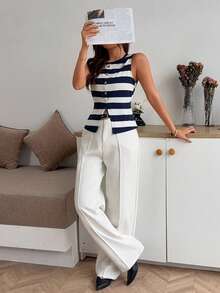 Navy Striped Sleeveless Top, Round Neck Metal Button Front Cropped Top Casual Summer - Blue and White - View 2