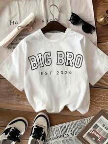 New  Short-Sleeved Crew Neck T-Shirt For Boys, Featuring A 'BIG BRO EST 2026' Letter Print. A Stylish And Versatile Garment. Free Shipping. - 白色 - 查看 1