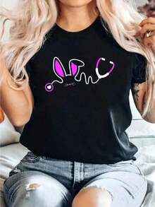 Gift Cotton Cami With Stethoscope And Easter Bunny, Fun Nurse, Doctor, And Egg Ear Cami. Casual Round Neck Short Sleeve Cami, Comfortable For Spring And Summer. Women's Clothing 100% Cotton. Soft - 黑色 - 查看 7