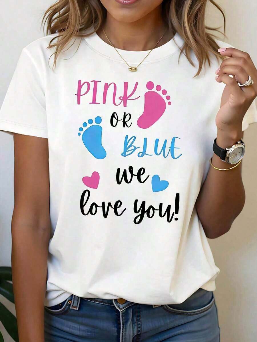 Women's "We Love You" Graphic Print T-Shirt In Pink Or Blue For Gender Reveal, Spring/Summer, Short Sleeve, Crew Neck, Casual, Everyday Wear, Holiday Gift. New Summer Arrivals: 100% Cotton Crew Neck T-Shirts. - 白色 - 查看 1