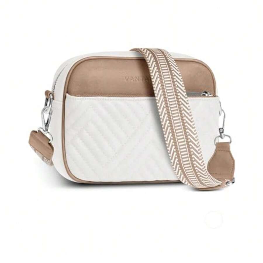 Premium Quilted Crossbody Bags For Women With Anti-Pickpocket Clip, Vegan Leather Handbags, Travel Purses For Women - 白色和石色,配提花肩帶 - 查看 1