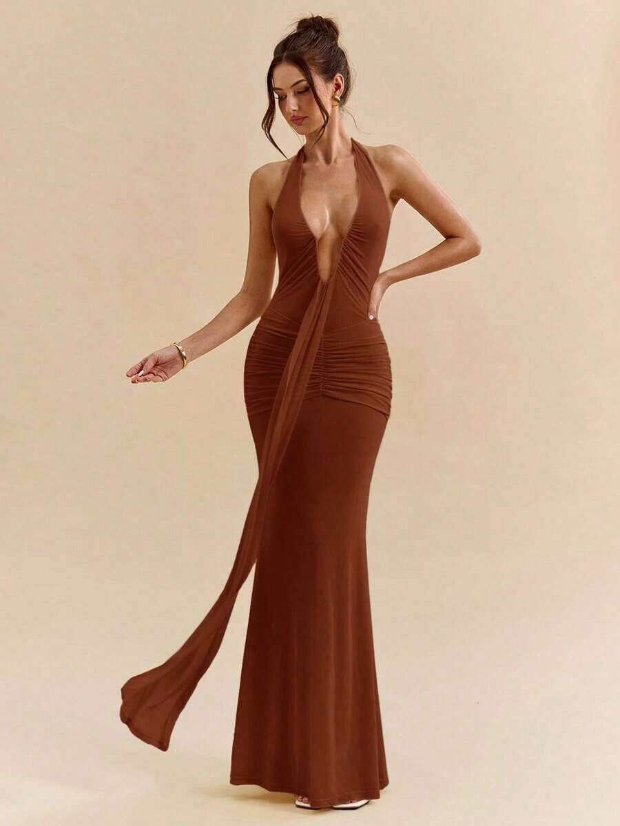 xheSHEIN Vestido maxi elegante con cuello halter y escote profundo en V, de color amarillo crema, para mujer, para primavera/veranoxhe - Óxido marrón - Ver 1