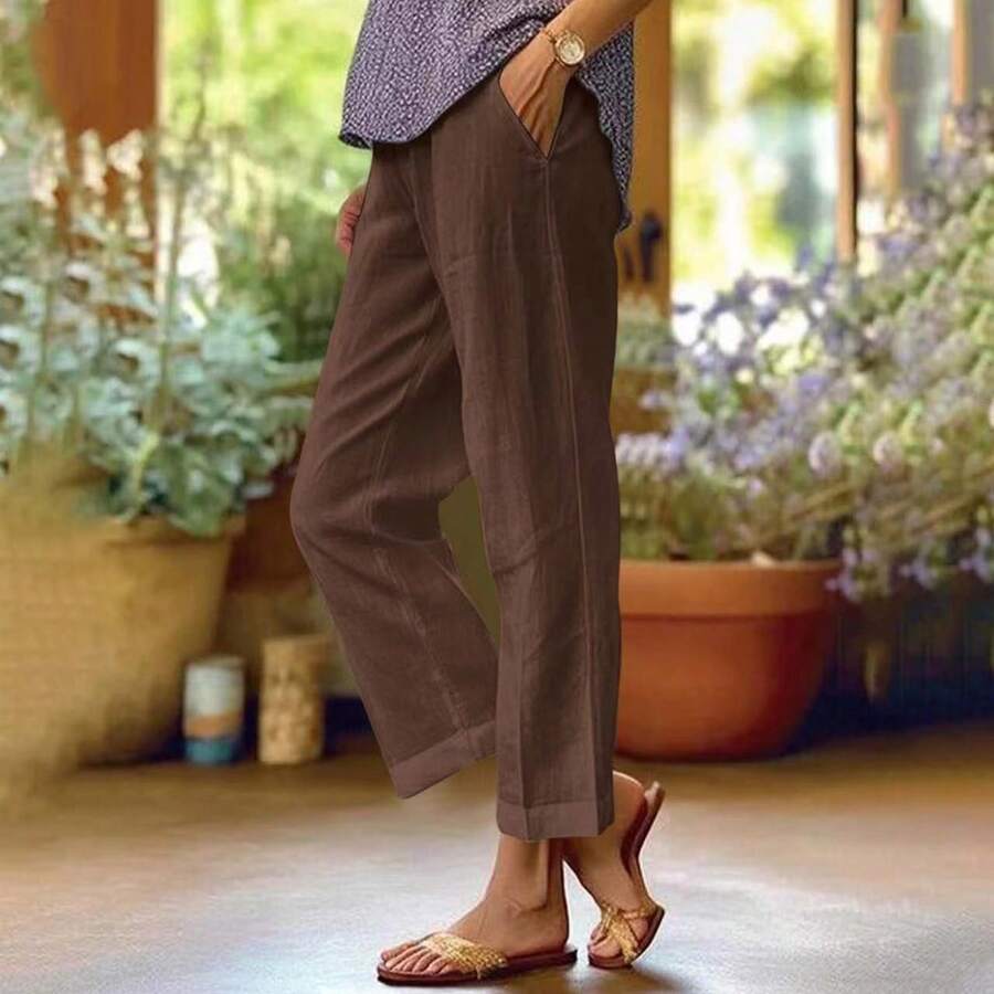Elastic Waist Cotton Linen Trousers Women Solid Color Loose Straight Leg Casual Pants With Pockets - 深棕色 - 查看 1