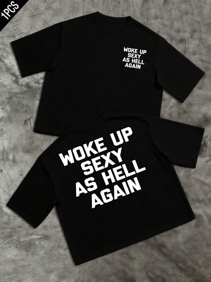 Words Printed On The Front And Back Express Confidence, Energy, And Humor, Reflecting A Positive Attitude To Start The Day With Strength And Determination. With Large Lettering And A Modern Style, This Double-Sided Men's T-Shirt Is Suitable For Casual Everyday Wear And Urban Comfort. - 黑色 - 查看 1