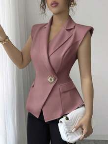 AYYElenzga Chaleco/Chaqueta sin mangas de mujer con hebilla metálica elegante y minimalistaAYY - Rosa vieja - Ver 12