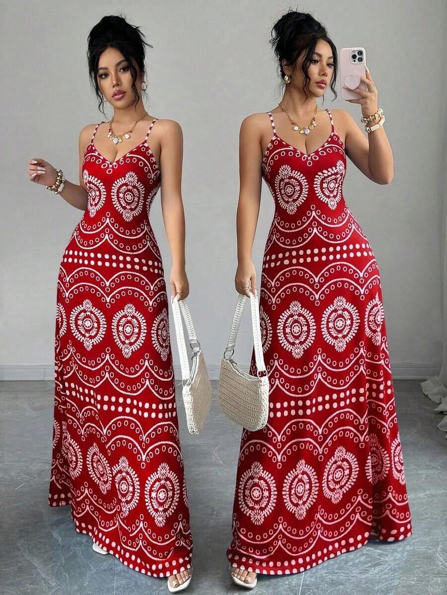 Vestido casual de vacaciones con estampado retro Perris para mujer - Rojo - Ver 1