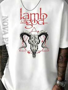 Men's Short-Sleeved T-Shirt, 100% Cotton, With Graphic Print Of The Metal Band Of God Ram Skull, Casual Round Neck, Breathable, Moisture-Wicking, Soft, For Heavy Metal Fans, Perfect For Metal Fans, Concerts, Streetwear, Everyday Wear And In All Seasons, Comfortable Basic Death Metal Music T-Shirt. - 白色 - 查看 1