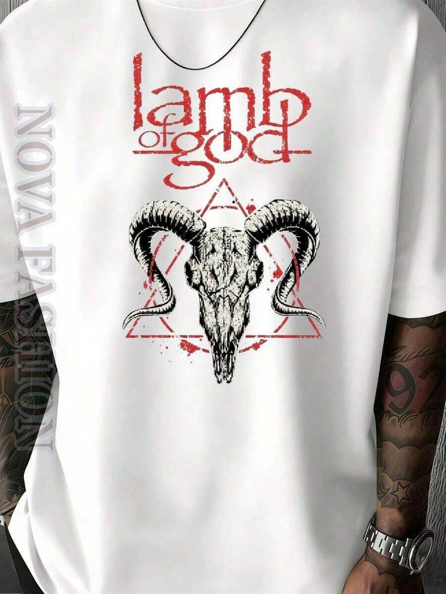 Men's Short-Sleeved T-Shirt, 100% Cotton, With Graphic Print Of The Metal Band Of God Ram Skull, Casual Round Neck, Breathable, Moisture-Wicking, Soft, For Heavy Metal Fans, Perfect For Metal Fans, Concerts, Streetwear, Everyday Wear And In All Seasons, Comfortable Basic Death Metal Music T-Shirt. - 白色 - 查看 1