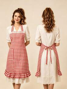 1pc Retro Plaid Women's Apron, Soft Cotton Material, Apron Dress Design, Suitable For Cooking And Baking - Multicolor - View 8
