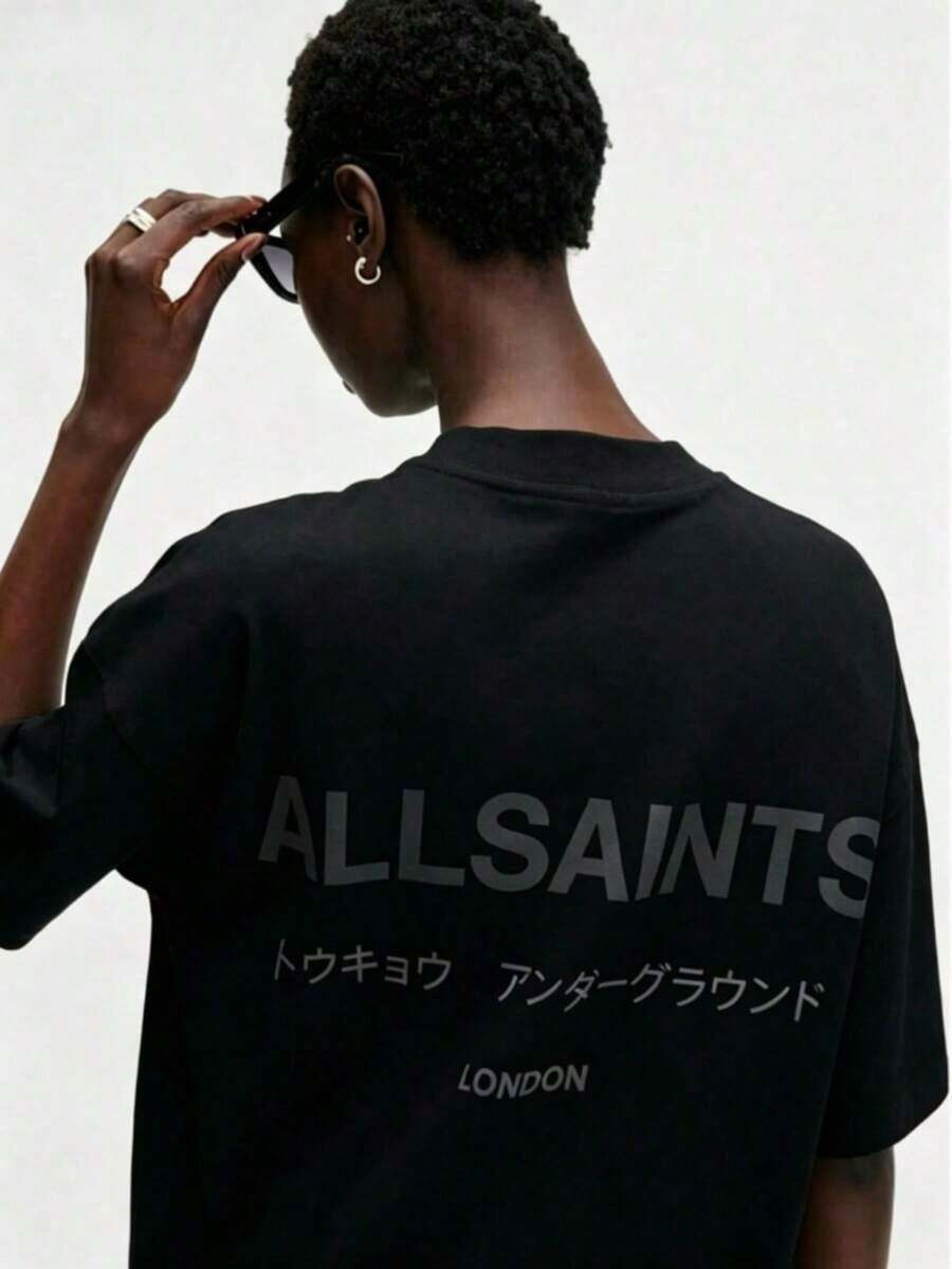 ALLSAINT London Japanese Streetwear T-Shirt, 100% Cotton, Casual, Comfortable, Durable, Unique Graphic Print, Double-Sided Print - 黑色 - 查看 1