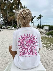 Sun And Palm Tree Print Vintage Style Casual Graphic Tee, Oversized Women's Crew Neck, Regular Fit Summer Top For Women - 白色 - 查看 3