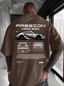 Men's T-Shirt With Racing Letter Print, Round Neck, Short Sleeve For Summer Outdoor Sports. - 藍色 - 查看 9