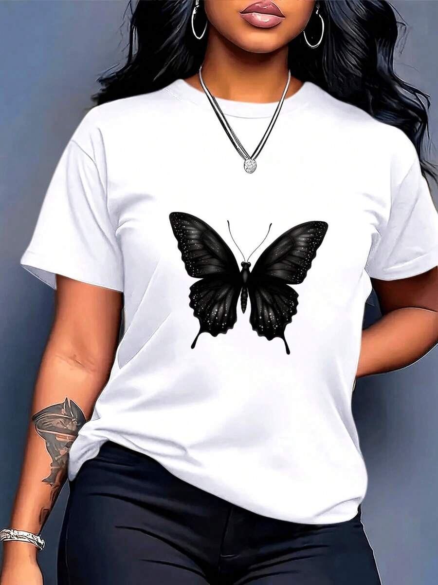Versatile And Fashionable Short-Sleeved Crew Neck T-Shirt Made Of 180g Pure Cotton, Plus Size For Women, Perfect Mother's Day Gift, Sizes L-5XL. Plus Size Women's Clothing, Loose-Fitting T-Shirt With Butterfly Print - White With Black Pattern, Urban Casual Style Top, Short-Sleeved Crew Neck Design, Comfortable For All Seasons And Machine Washable, Suitable For Everyday Wear, Exclusively For Women. - 白色 - 查看 1