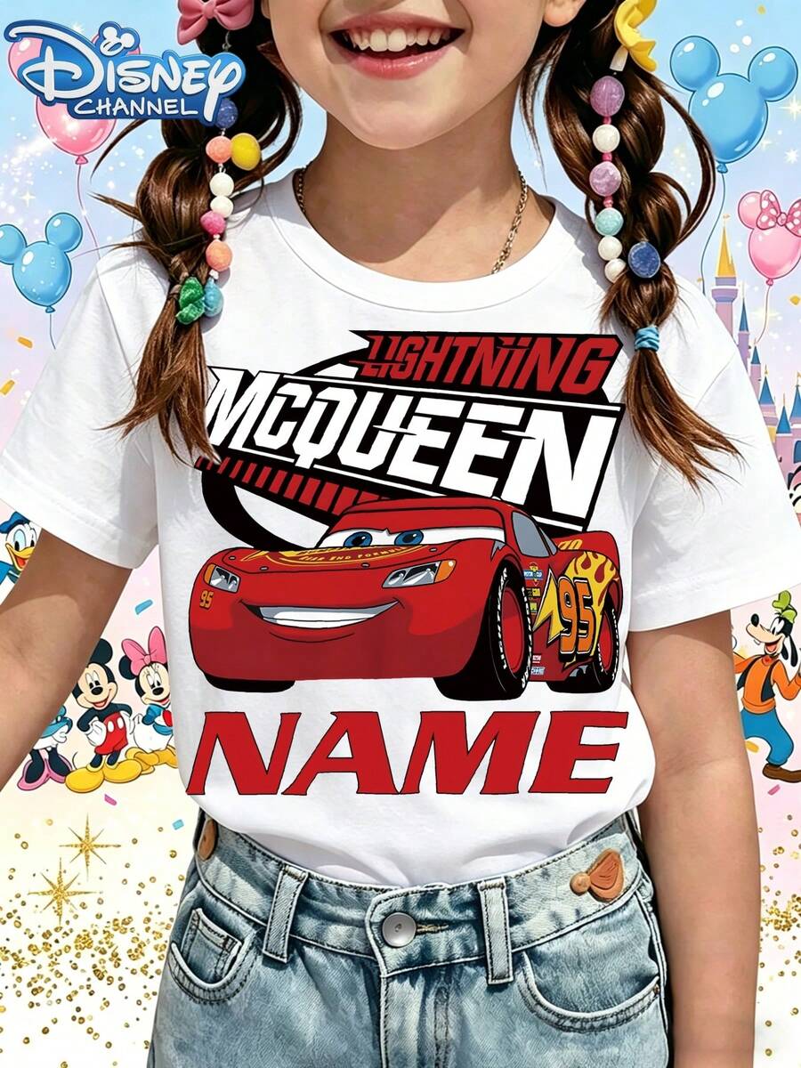 Disney T-Shirt Short Sleeves Are Made Of 100% Pure Cotton FabricPersonalized Lightning McQueen T Shirt White Cars Movie Character Print For Kids Birthday Party Disney Theme EventA Gift Suitable For Girls - trắng - Xem 1