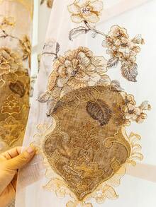 1件咖啡玫瑰圖案刺繡透視窗簾，歐式奢華風格刺繡天鵝絨半透明薄紗窗簾，適用於客廳、臥室窗戶及門飾 - 咖啡棕 - 查看 5
