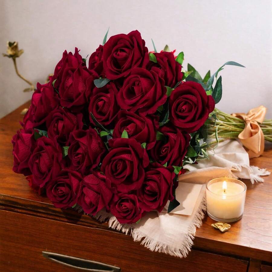 20pcs Artificial Deep Red Roses, Faux Roses, Suitable For DIY Wedding Bouquets, Tabletop Decor, Bridal Shower Party, Valentine's Day Decoration, Baby Shower Party, Home Decor, Indoor And Outdoor Decoration - Red - View 1