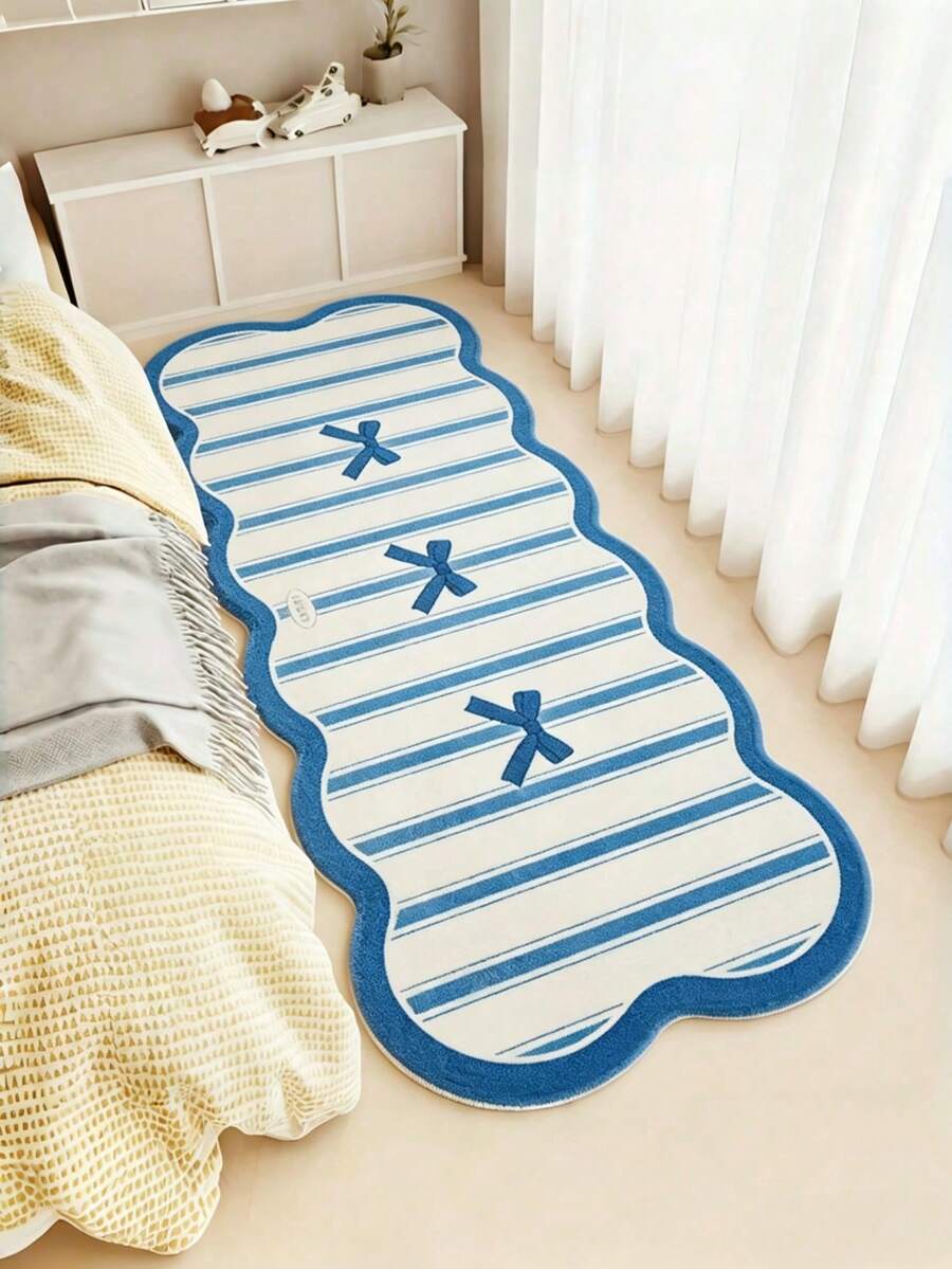 1pc Soft Plush Pink Bow & Striped Bedroom Mat, Faux Cashmere, Non-Slip, Easy To Clean, Lightweight & Comfortable Home Decor Mat, Suitable For Bedroom And Indoor Spaces, Bedroom Carpet, Home Decor Rug. Note: Due To Lighting And Photography Techniques, The Product May Appear Slightly Different From The Photo, With The Actual Item Being A Lighter Color Than The Vibrant Photo. - Multicolor - View 1