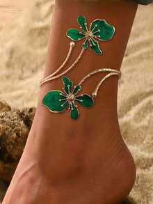 Versatile Wear 3D Flower Design Glazed Flower Bangle Bracelet, Bohemian Vintage Bracelet/Anklet - A - View 7