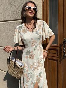 Clasi Vestido de unicolor con botones al frente, manga mariposa y abertura al muslo de longitud hasta el muslo para mujer - Albaricoque - Ver 6