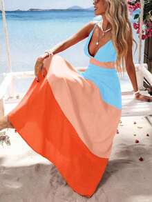 Vestido largo de mujer de cuello en V con bloques de color tejidos, atuendos de primavera y verano, ropa de verano, Día de San Valentín, atuendos de vacaciones para mujer, atuendos de playa para mujer - Azul - Ver 7