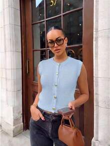 Women's Summer Holiday & Casual Elegant Work, Sleeveless Knit Sweater Vest, Suitable For Daily And Office Wear - Baby Blue - View 4